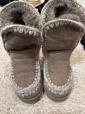 Mou Gray Suede Shearling-Lined Ankle Booties